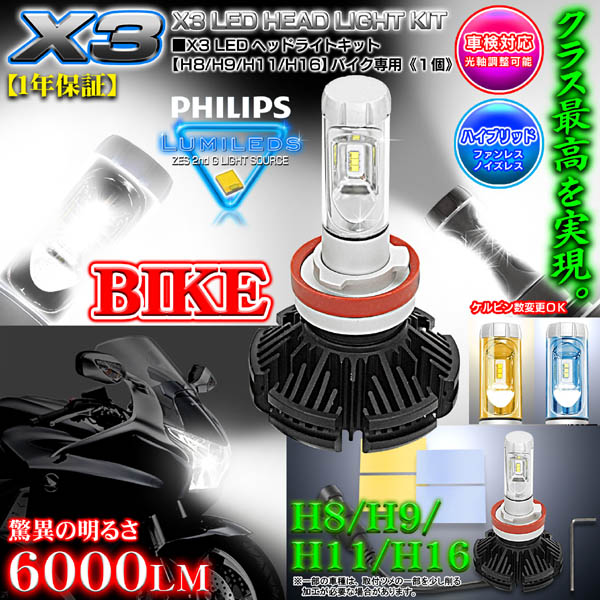 フィリップス製 12000LM H4 Hi Lo バイク ファンレス LED ヘッドライト 2灯キット 1400GTR/ZX-12R/ZX-9R(2000～2001年)/ZZR1200 ○12000LM H4 ワンタッチ取付 フィリップス バイク H4 LEDヘッドライト
