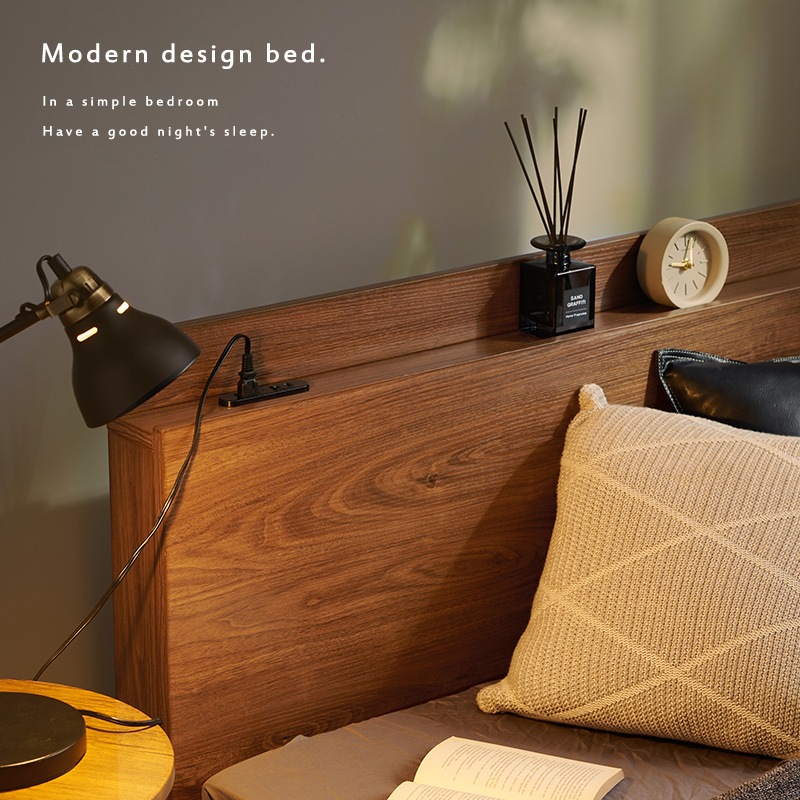 シンプルデザイン引出し付きベッド S(シングル)サイズ 引出2杯付 ハイタイプヘッドボード すのこベッド 2口コンセント付 大容量ベッド下収納 組立品 〔ベッドルーム〕