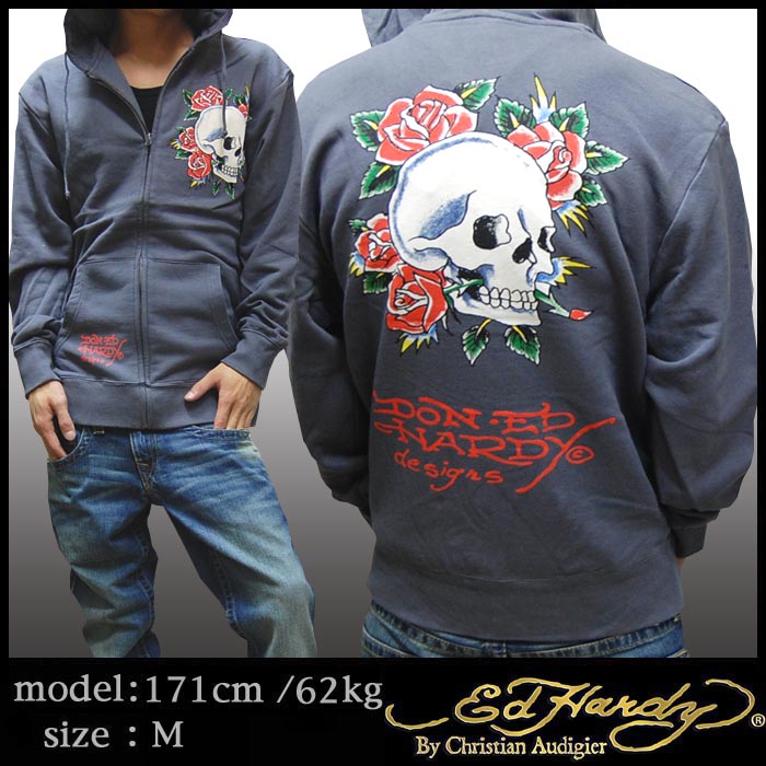 ed hardy cristian audigier エドハーディ パーカー Ed Hardy エドハーディー メンズ パーカー SKULL ROSE グレー