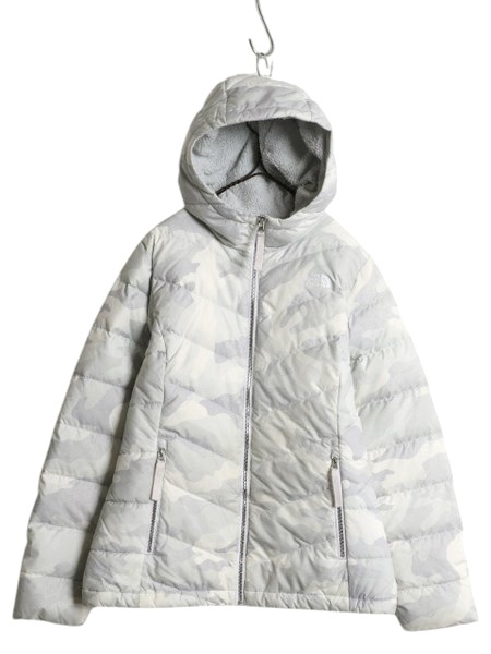 THE NORTH FACE - US企画 ノースフェイス 裏 ボア ダウン パーカー ジャケット レディース L The North Face ナイロン パイル フリース 550フィル 迷彩 総柄 US企画 ノースフェイス 裏 ボア ダウン パーカー ジャケット