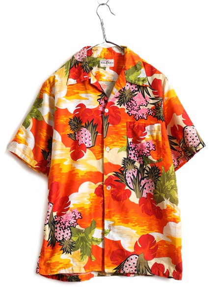 hukilau fashions アロハシャツ 70s ☆ Hukilau コットン オープンカラー 半袖 アロハ シャツ