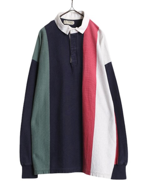80s USA製 エルエルビーン ストライプ 長袖 ラガー シャツ メンズ XL / ヴィンテージ LLBEAN ラグビーシャツ 大きいサイズ ヘビーウェイト 80s USA製 エルエルビーン ストライプ 長袖 ラガー シャツ