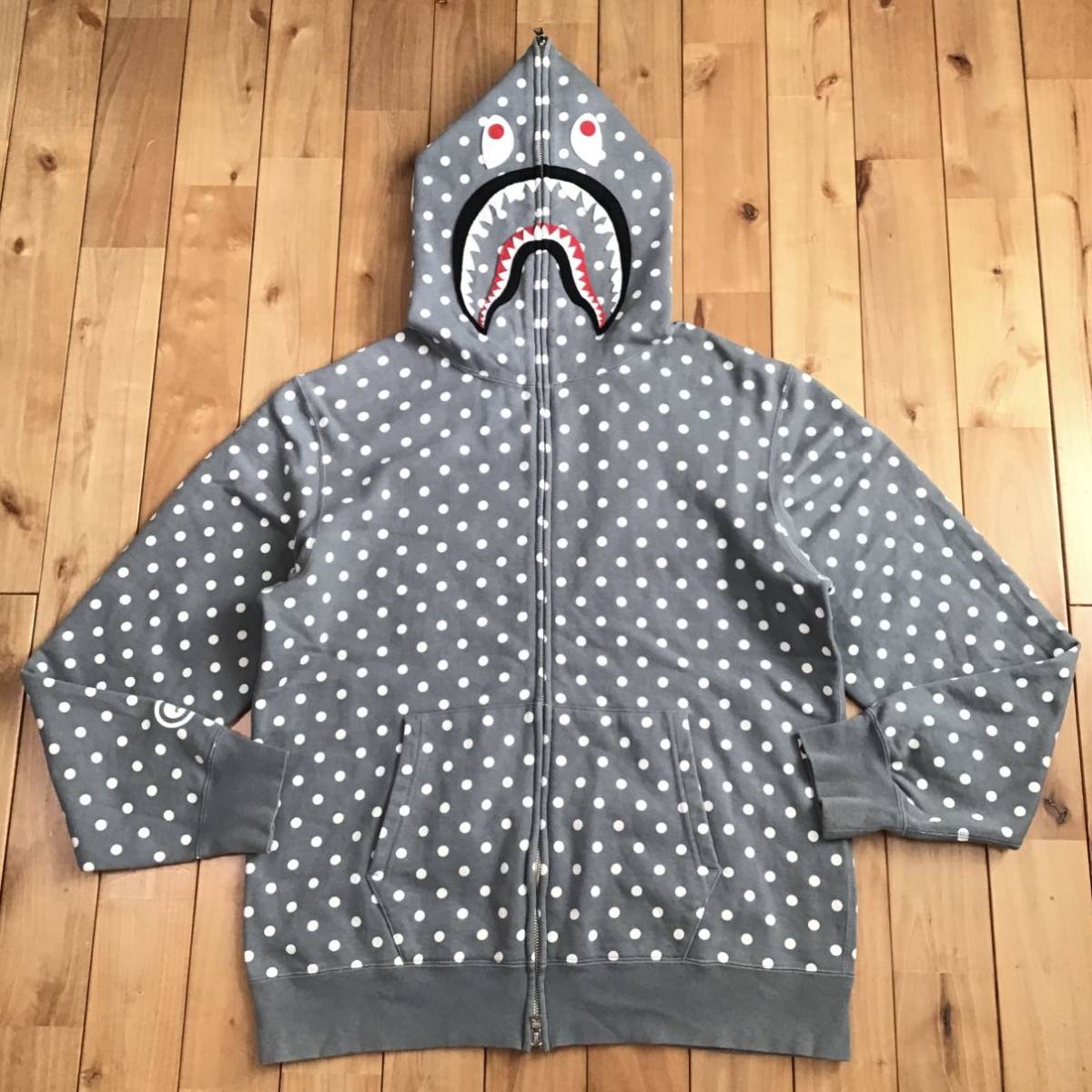 希少 美品 A BATHING APE シャーク WGM 刺繍 送料無料 ☆XL☆ ドット柄 シャーク パーカー グレー dot shark full zip