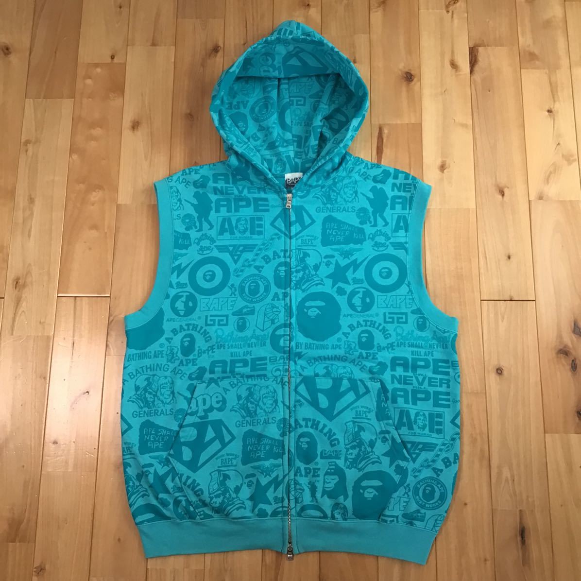 BAPE LOGO スウェット パーカー ベスト Mサイズ ターコイズブルー a  