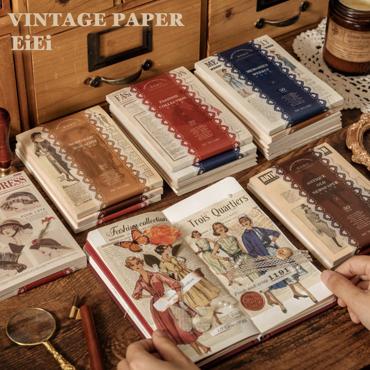 コラージュ素材 まとめ売り 大容量 ヴィンテージ アンティーク素材 小物収納付き 素材紙ブック 両面印刷 60枚 ヴィンテージ 背景紙 素材紙 ブック