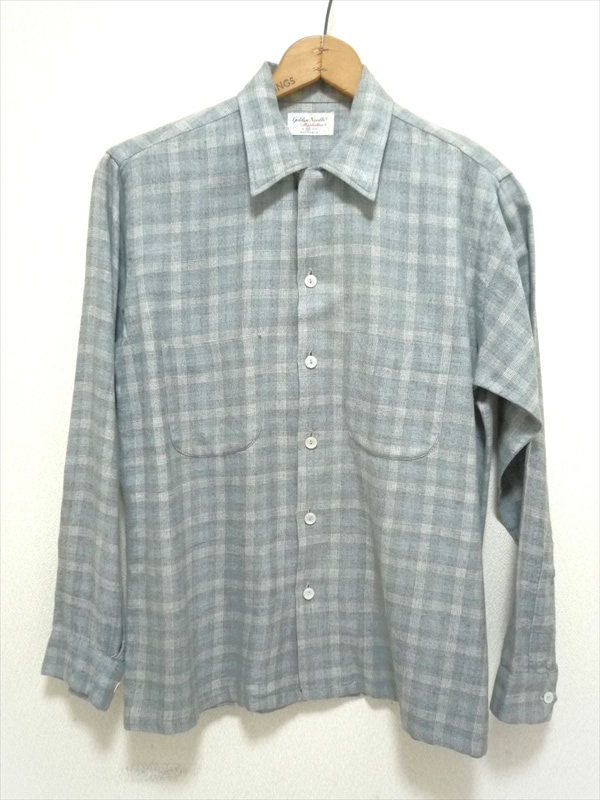 golden needle 50s ビンテージ ヴィンテージ ボーダー柄 レーヨンシャツ 16-L-161/2 黒グレー シェルボタン Vintage 50s Golden Needle Manhattan Wool Shirt Collar Flannel Long