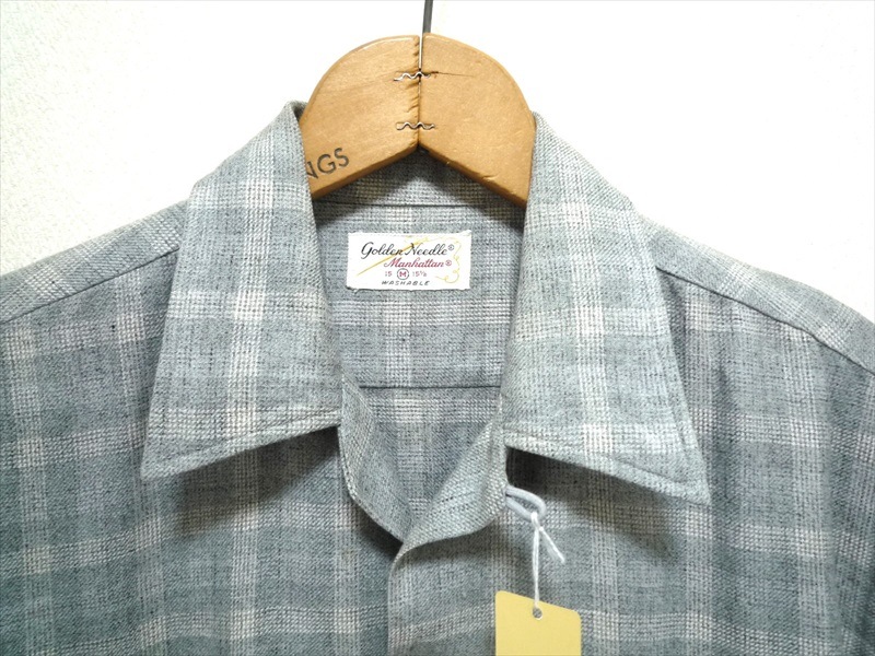 golden needle 50s ビンテージ ヴィンテージ ボーダー柄 レーヨンシャツ 16-L-161/2 黒グレー シェルボタン Vintage 50s Golden Needle Manhattan Wool Shirt Collar Flannel Long