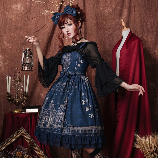 ゴスロリ・ロリータ コスプレ衣装 ネイビー ロリータ ゴスロリ Lolita ミディアム丈 ネイビー 鹿のお城