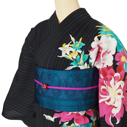 浴衣 手縫い 青 ブルー 花柄 葉模様 肩丈152 cm NK-1208 y2312205】浴衣 レディース 兵児帯 2点セット 古典柄 人気の唐草