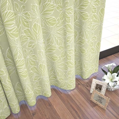 【オーダー】遮光3級裏地付 形状記憶付 リッチナチュラル 栃の葉をモチーフ リーフ柄 CJ33314(グリーン)