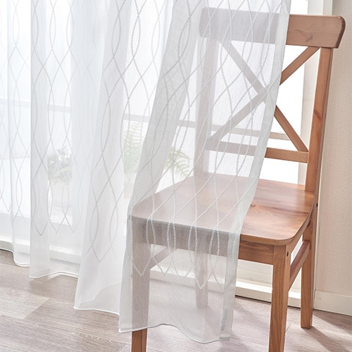 【オーダー】防炎 幾何柄の刺繍ボイルレース KZ13520(アイボリー)