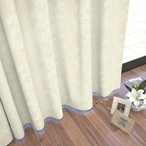 【イージーオーダー】裏地付き 遮光3級 エレガンス 更紗柄の形状記憶付 レモンド(アイボリー)