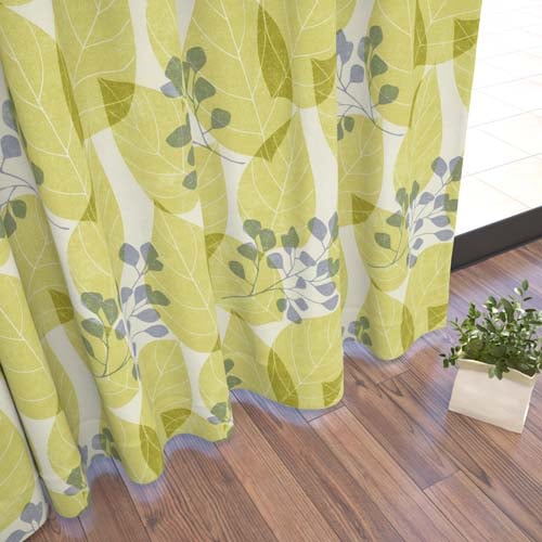 【オーダー】遮光1級 リーフ柄が特徴の北欧風形状記憶付 CJ28152(イエローグリーン)