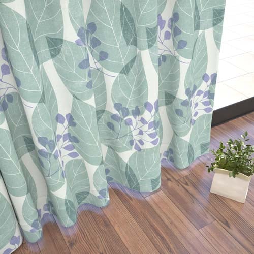 【オーダー】遮光1級 リーフ柄が特徴の北欧風形状記憶付 CJ28153(ブルーグリーン)