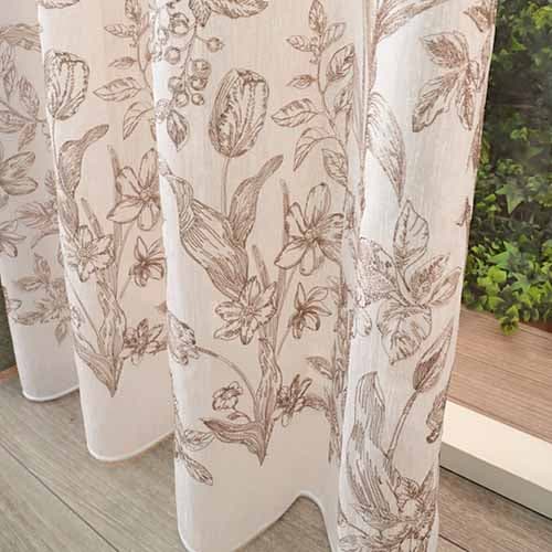 【オーダー】遮熱 断熱 草花を刺繍で表現した形状記憶付レース KZ13326(ブラウン)