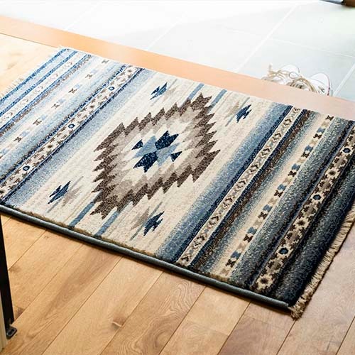 玄関マット花柄刺繍ネイビーブルーラグ