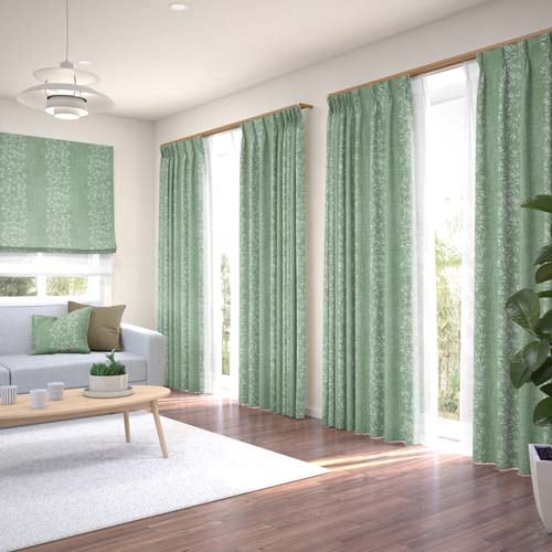 オーダー】遮光2級 ナチュラル リーフ柄の形状記憶付 YB22342(グリーン