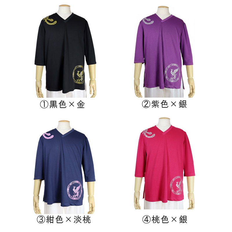 VネックTシャツ【七分袖・男女兼用】+プリント鳳凰尾羽