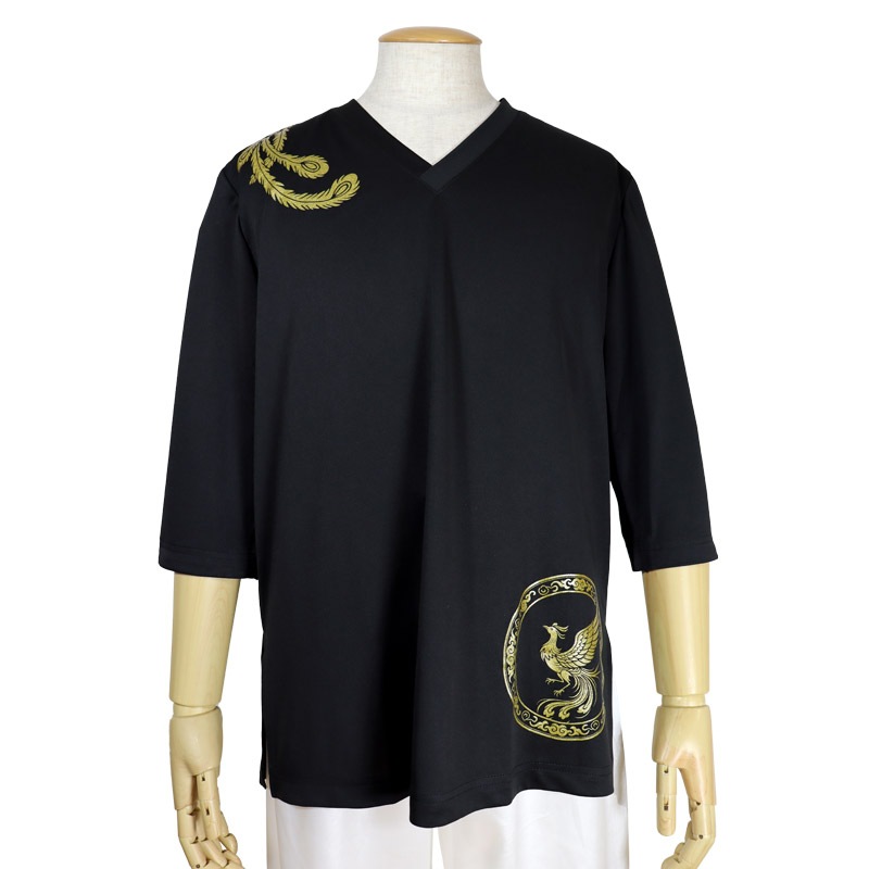 VネックTシャツ【七分袖・男女兼用】+プリント鳳凰尾羽