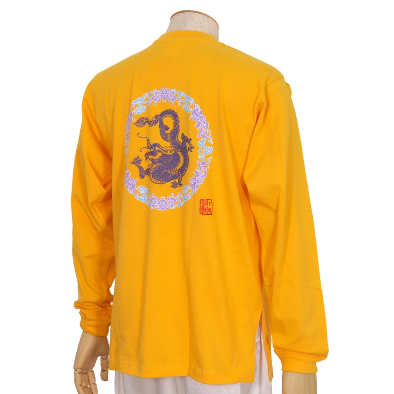 【特価】中国製　綿100%Tシャツ 背中龍(黄・S・LLサイズ)【長袖・プリント】