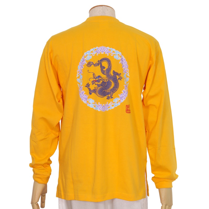 【特価】中国製　綿100%Tシャツ 背中龍(黄・S・LLサイズ)【長袖・プリント】