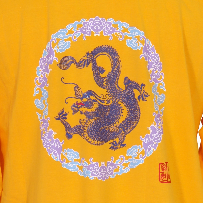 【特価】中国製　綿100%Tシャツ 背中龍(黄・S・LLサイズ)【長袖・プリント】