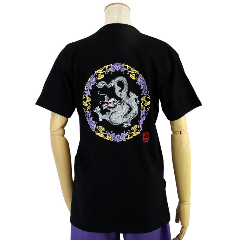 【特価】中国製　綿100%Tシャツ 背中龍(黒・Sサイズ)【半袖・プリント】