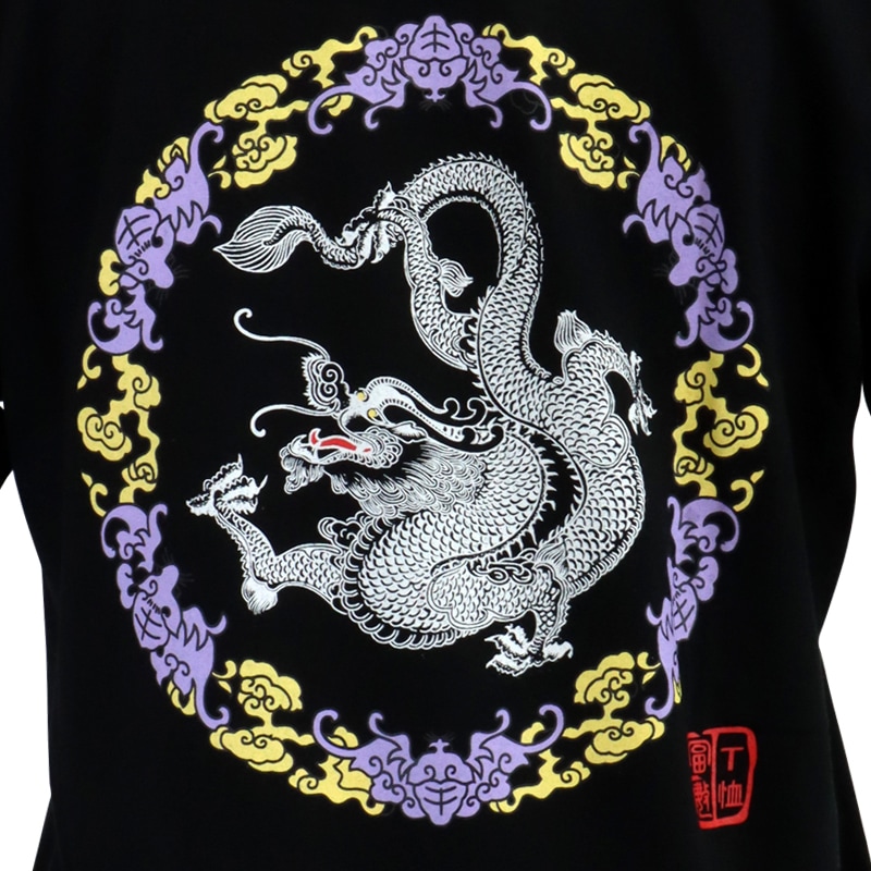 【特価】中国製　綿100%Tシャツ 背中龍(黒・Sサイズ)【半袖・プリント】