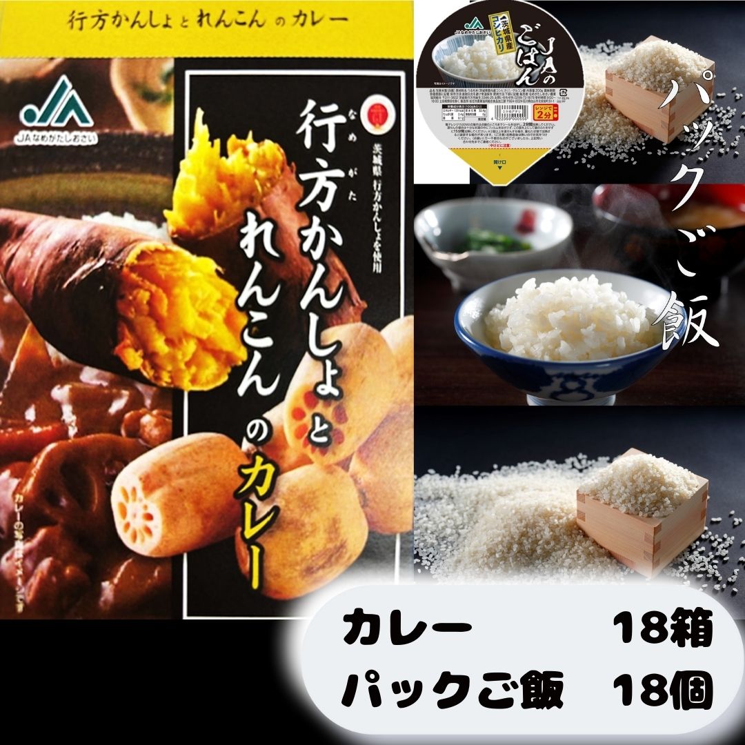 【JAなめがたしおさい】~GI登録「さつまいも」使用~ 「行方かんしょとれんこんのカレー」18箱　「パックご飯」18個セット