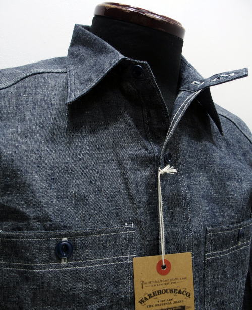 WAREHOUSE(�������ϥ���) [Lot.3023 CHAMBRAY SHIRTS WITH CHINSTRAP/Navy]
