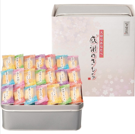 大正七年創業　百菓匠　まえだ 感謝の気持ち （缶入） コメントあられ<BR>送料無料
