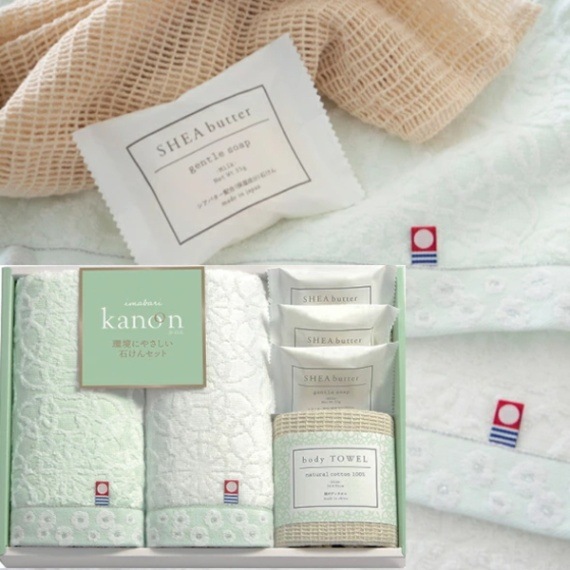 今治タオル【今治かのん】<b>20%OFF　送料無料</b><br>フェイスタオル2P・綿ボディタオルと石けんセット