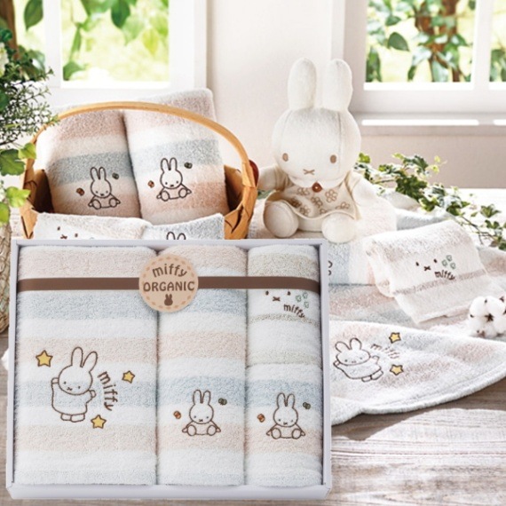 送料無料！Miffy-ミッフィー-<br>オーガニック・バスタオル 1枚 フェイスタオル2枚 ウォッシュタオル1枚セット