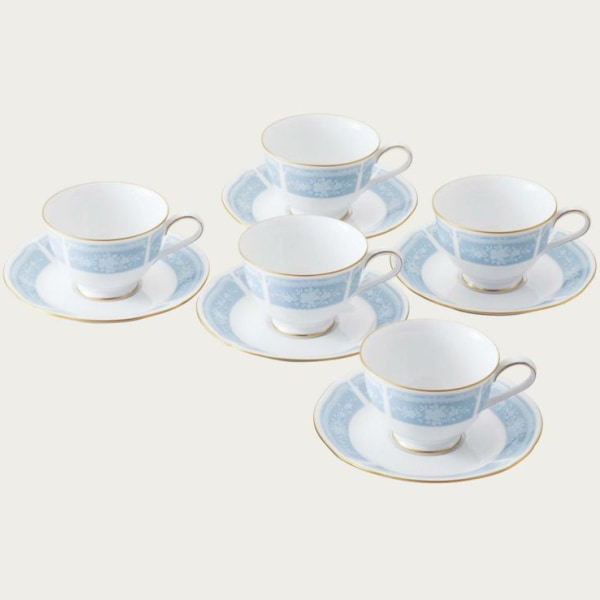 送料無料！ノリタケ・レースウッドゴールド カップ&ソーサー(ブルー5客)