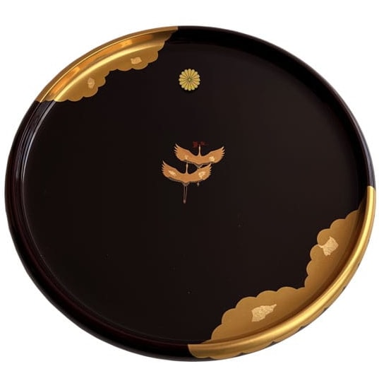 尺〇　丸盆　溜金雲昇鶴　菊紋入<br>送料無料