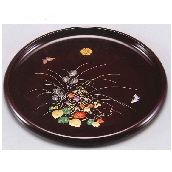 尺〇　丸盆　溜さがの　菊紋入<br>送料無料