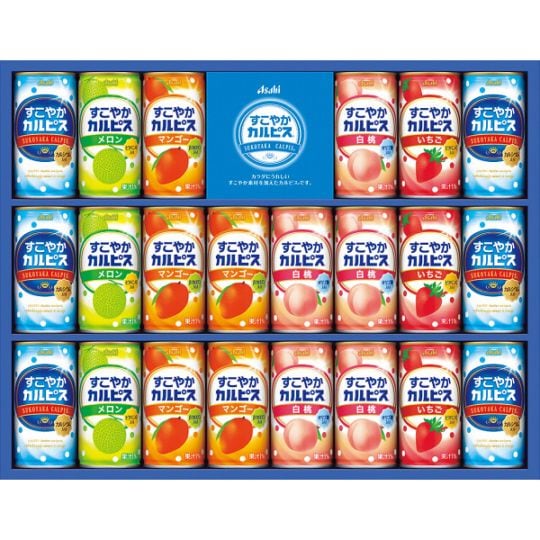 すこやかカルピス ギフト ２２缶　SC30S　ブランド、おいしい、ジュース、飲みやすい、アサヒ飲料、メロン、いちご、マンゴー、白桃、化粧箱、缶