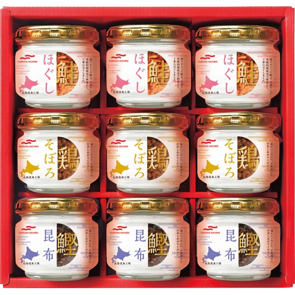 送料無料！Ｕｍｉｏｓ-ウミオス-　瓶詰詰合せ 9瓶 ABZ-50A　送料無料、お祝い、赤い化粧箱、3種類、ご飯との相性抜群、1瓶45g、食べやすいサイズ感、鮭ほぐし、鶏そぼろ、鰹昆布、おいしい