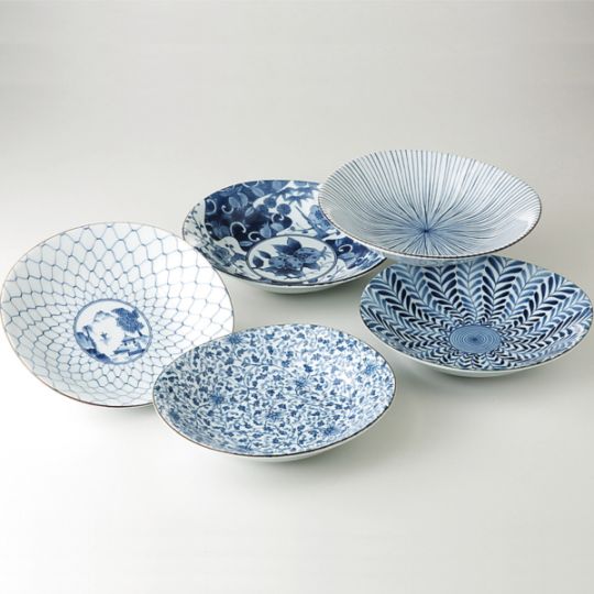 美濃焼　藍絵変り　楕円反鉢揃　31302　5個、