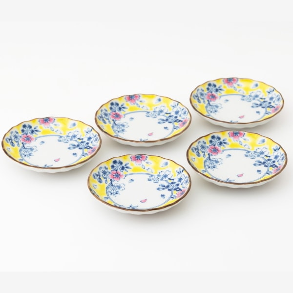 波佐見焼　黄彩錦桜 菊型小皿揃　31196　5個、