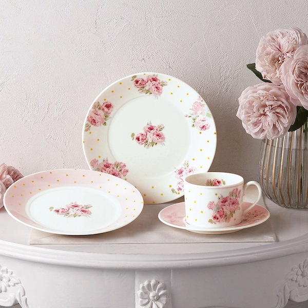 ローラ アシュレイ　ポルカ・ドット・クチュール・ローズ　ペアカップ&ソーサーセット