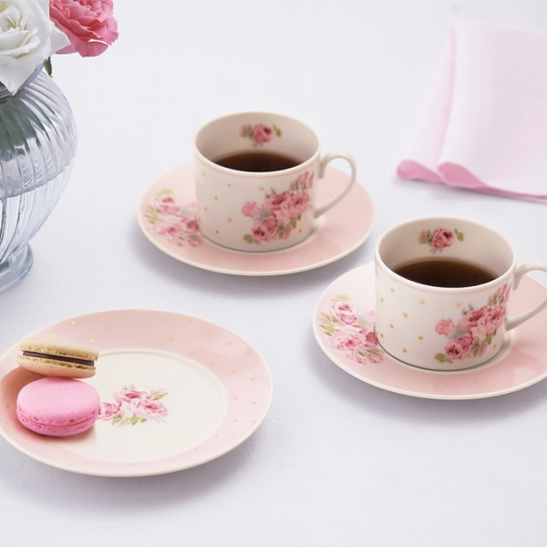 ローラ アシュレイ　ポルカ・ドット・クチュール・ローズ　ペアカップ&ソーサーセット