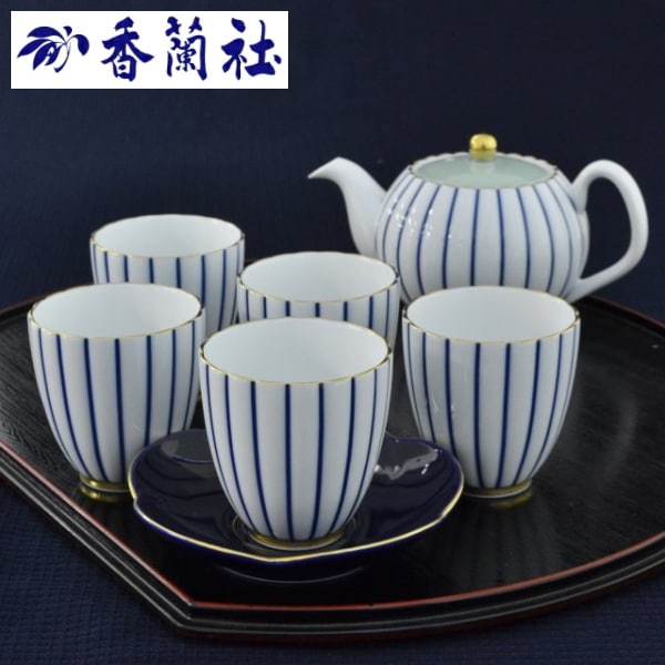 香蘭社<br> 青藍縞紋 茶器セット