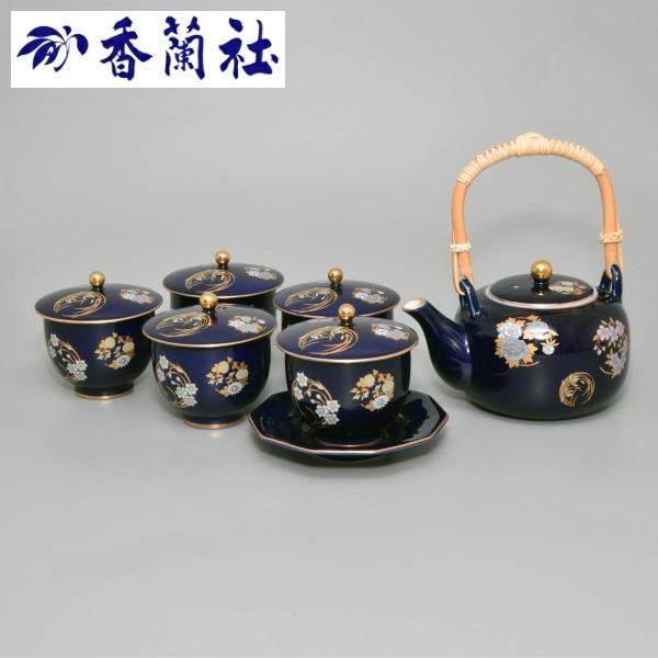 香蘭社<br> ルリ花丸紋 高級茶器セット