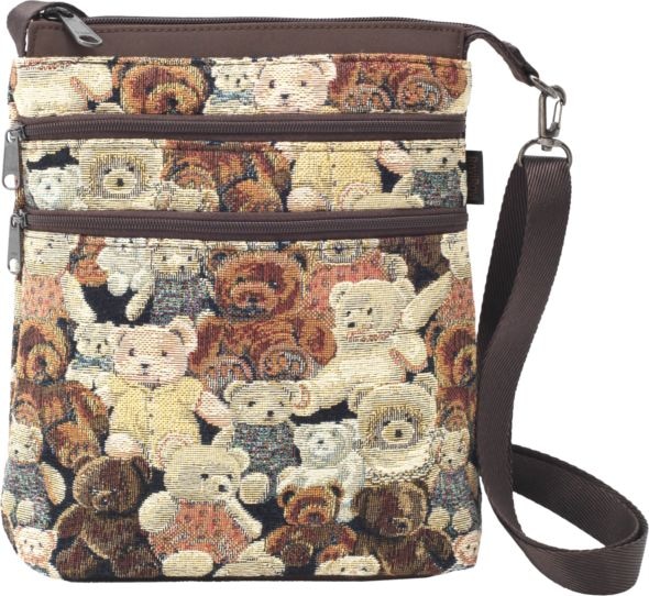 テディベア柄ゴブラン織り縦長ポシェットバ【ミニテディ Wファスナー