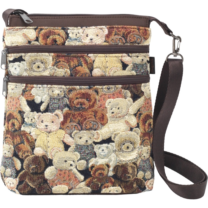 テディベア柄ゴブラン織り縦長ポシェットバ【ミニテディ Wファスナー