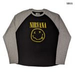 Nirvana / ニルヴァーナ - Yellow Happy Face ラグラン・ロングスリーブシャツ(グレーxブラック)