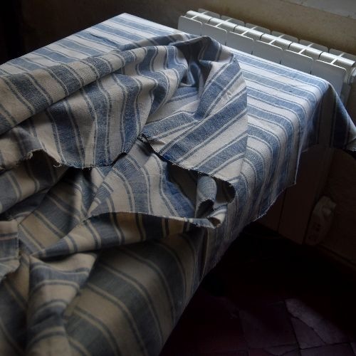 逸品19世紀 南仏農民の手紡ぎ手織り天然インディゴ縞シャンブルリネン