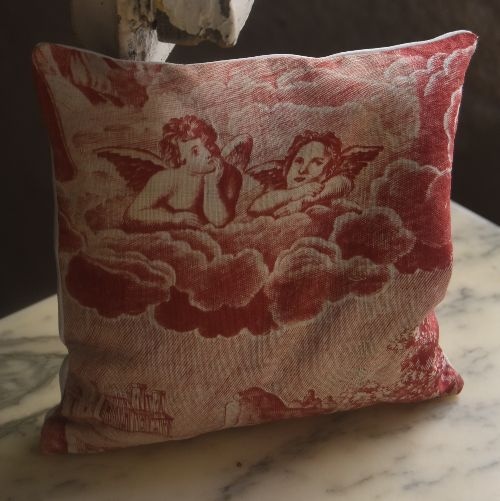 逸品1800年頃 ジュイ更紗 天使が戯れる祈りのクッション 超美品
