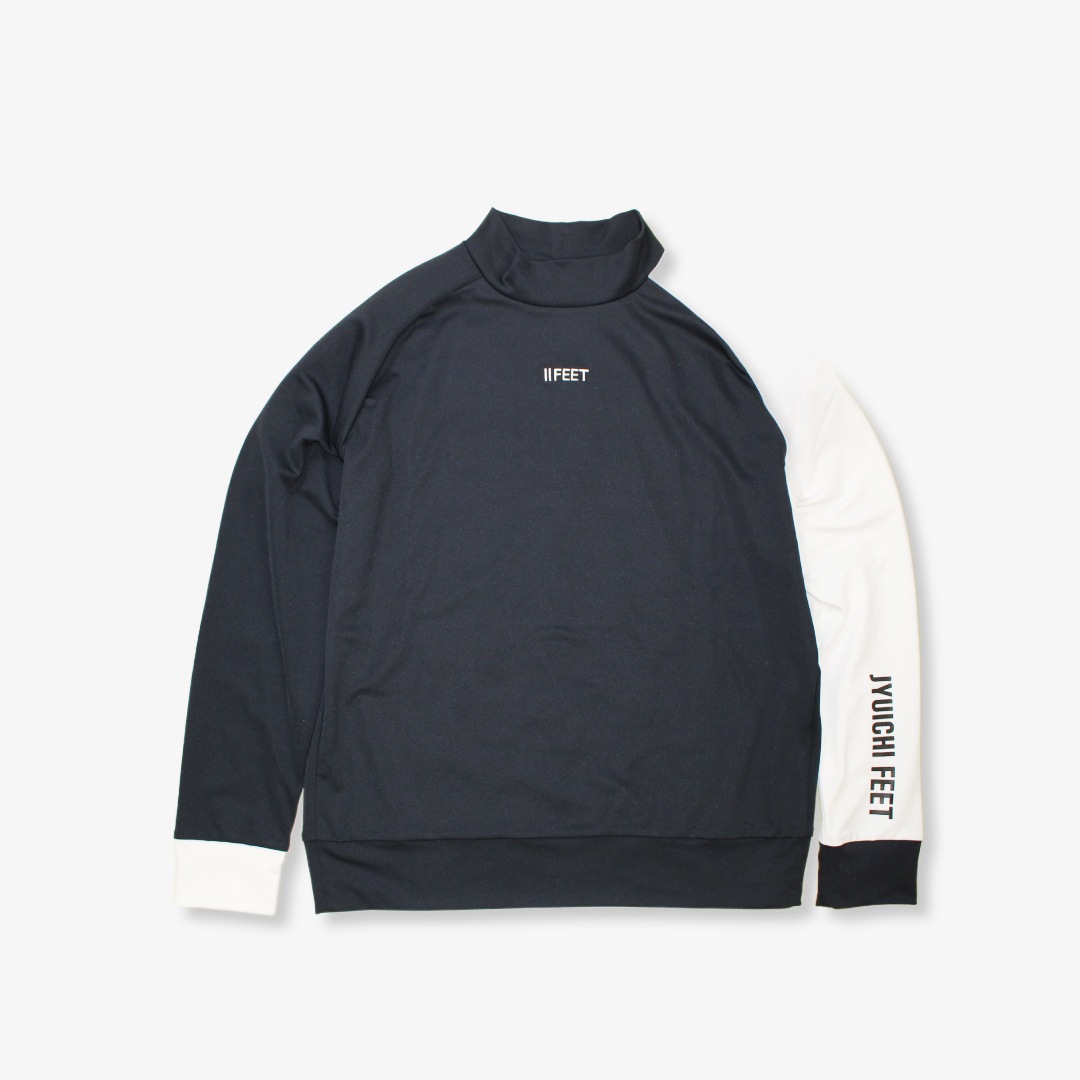 長袖モックネックシャツ　ブラック&ホワイト　ブラックロゴ